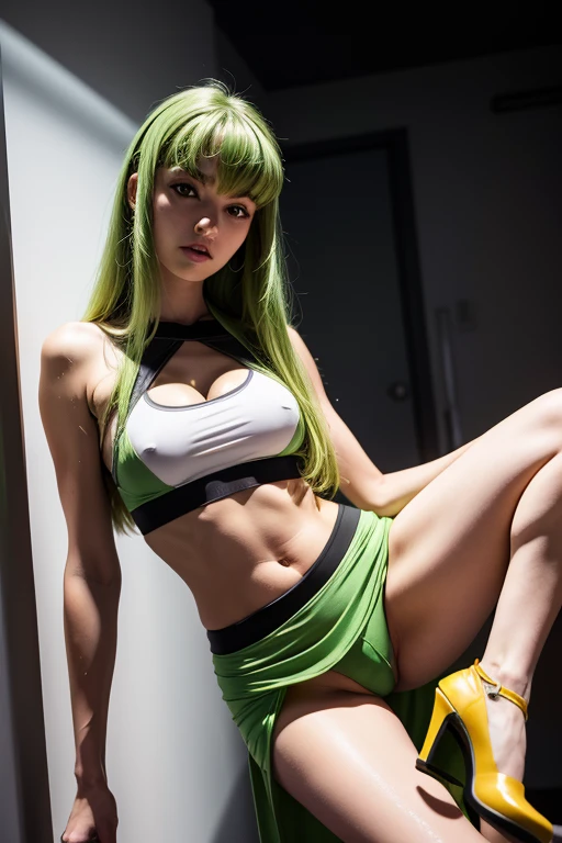 1girl, c.c., sport bra, tight clothes, microskirt, midriff, navel, white panties, (cameltoe:1.1), green hair, straight hair, standing, standing, thighs, looking at viewer, (breasts:1.1), (realistic:1.5), best quality,ultra-detailed,sharp focus,vivid colors,photorealistic,indoor lighting, meticulous attention to detail