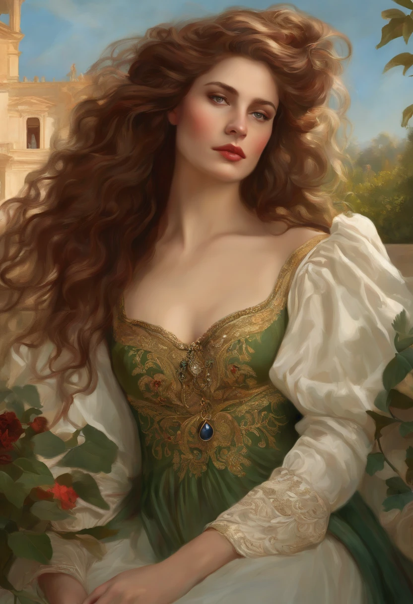 Painting of a beautiful and sexy woman, green eyes, ((with long medusa hair, falling over her shoulders)) and an embroidered dress, ((Spanish gypsy, from the Victorian Era)), ((Katharine Roos style)), wearing a burgundy dress with a black corset with a V-neck and embroidery, in the background the garden of Versailles, Bowater artistic style, baroque digital painting, Renaissance digital painting, masterpiece! inspired by Franz Xaver Winterhalter, inspired by Friedrich von Amerling, beautiful character painting, beautiful digital painting, inspired by Thomas Lawrence, beautiful yywater painting, refraction, reflections, mirrors, prisms, sunlight, bright lights!! Complex, elegant, highly detailed digital painting, art station, concept art, sharp and soft focus, illustration, art by ( ( ( ( Artgerm ) ) ) ) and ( Greg Rutkowski )! and (((Alphonse Mucha))), eyes reflecting in eyes reflecting to infinity