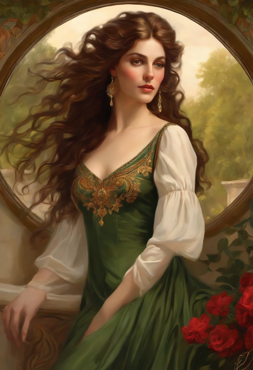 Painting of a beautiful and sexy woman, green eyes, ((with long medusa hair, falling over her shoulders)) and an embroidered dress, ((Spanish gypsy, from the Victorian Era)), ((Katharine Roos style)), wearing a burgundy dress with a black corset with a V-neck and embroidery, in the background the garden of Versailles, Bowater artistic style, baroque digital painting, Renaissance digital painting, masterpiece! inspired by Franz Xaver Winterhalter, inspired by Friedrich von Amerling, beautiful character painting, beautiful digital painting, inspired by Thomas Lawrence, beautiful yywater painting, refraction, reflections, mirrors, prisms, sunlight, bright lights!! Complex, elegant, highly detailed digital painting, art station, concept art, sharp and soft focus, illustration, art by ( ( ( ( Artgerm ) ) ) ) and ( Greg Rutkowski )! and (((Alphonse Mucha))), eyes reflecting in eyes reflecting to infinity