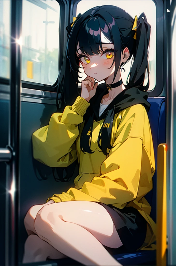 (masterpiece, best quality, 4k, insane details, watercolor, 1girl), long black hair, long twintails, cute hair pins, yellow eyes, choker, wearing a long black hoodie that covers her thighs, sitting inside a train, leaning on the train window, cell shading, aesthetic, vibrant, perfect body, perfect hands, perfect eyes, detailed eyes, bokeh, reflections, cold atmosphere, transportation_by_window,