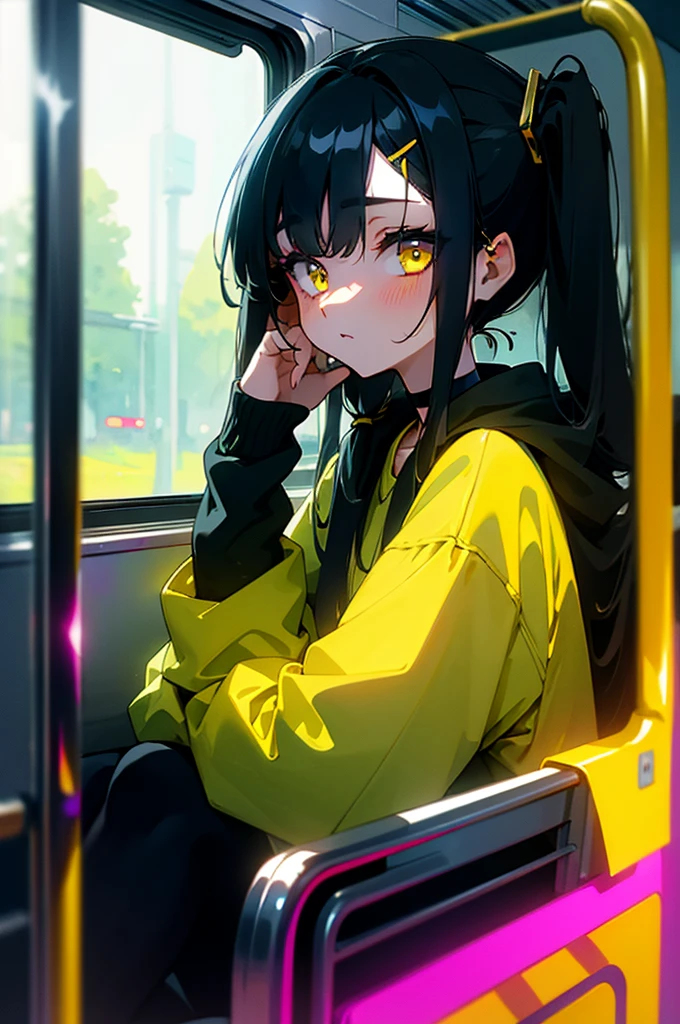 (masterpiece, best quality, 4k, insane details, watercolor, 1girl), long black hair, long twintails, cute hair pins, yellow eyes, choker, wearing a long black hoodie that covers her thighs, sitting inside a train, leaning on the train window, cell shading, aesthetic, vibrant, perfect body, perfect hands, perfect eyes, detailed eyes, bokeh, reflections, cold atmosphere, transportation_by_window,