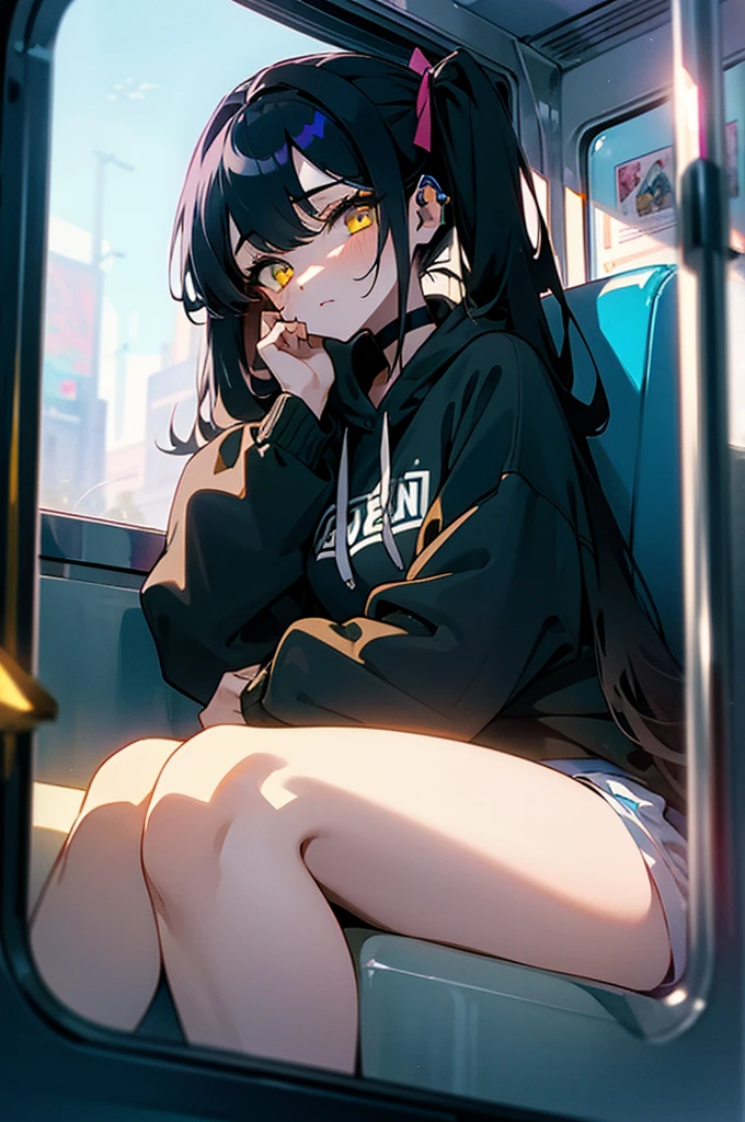 (masterpiece, best quality, 4k, insane details, watercolor, 1girl), long black hair, long twintails, cute hair pins, yellow eyes, choker, wearing a long black hoodie that covers her thighs, sitting inside a train, leaning on the train window, cell shading, aesthetic, vibrant, perfect body, perfect hands, perfect eyes, detailed eyes, bokeh, reflections, cold atmosphere, transportation_by_window,