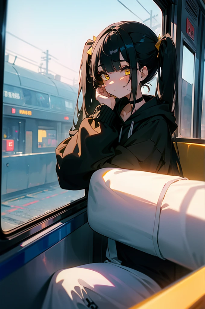 (masterpiece, best quality, 4k, insane details, watercolor, 1girl), long black hair, long twintails, cute hair pins, yellow eyes, choker, wearing a long black hoodie that covers her thighs, sitting inside a train, leaning on the train window, cell shading, aesthetic, vibrant, perfect body, perfect hands, perfect eyes, detailed eyes, bokeh, reflections, cold atmosphere, transportation_by_window,