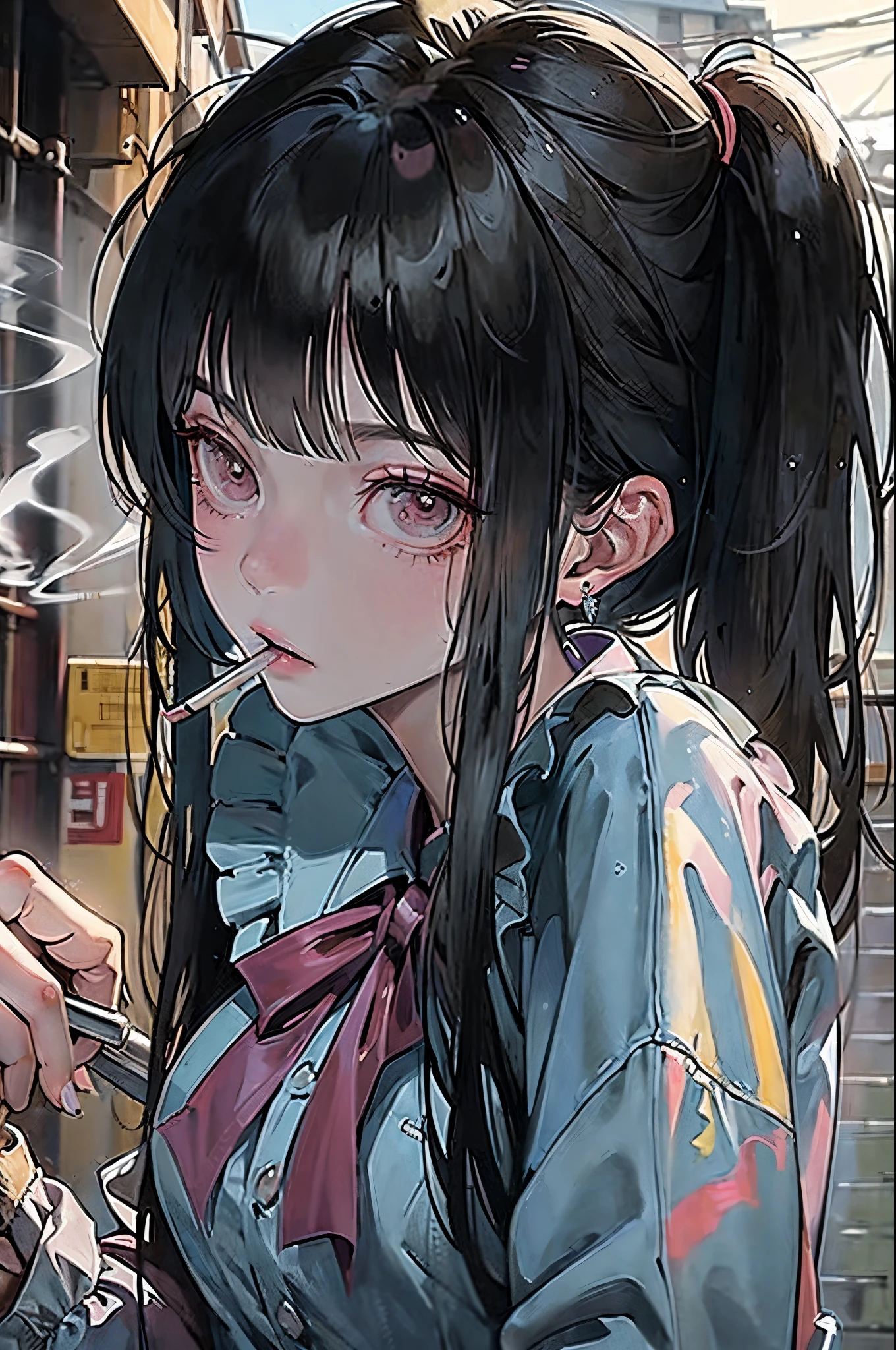 Masterpiece, best quality, high quality, ultra detailed, cowboy shot, 1girl, blunt bangs, hime cut, (((long twin-tails))), black hair, black eyes, pink sailor uniform, lots of earring, expressionless, smoking girl, holding a smartphone