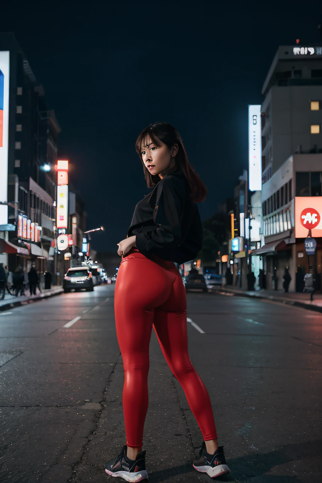 uma mulher coreana, usando leggings vermelhas brilhantes, urban backdrop, confiante, elegante, Dynamic, Luzes da cidade, Tons Cool, Nikon Z6, Lente 35mm, medium shot--air 16:9 --V 5.2, urban backdrop, confiante, elegante, Dynamic, Luzes da cidade, Tons Cool, Nikon Z6, Lente 35mm, medium shot--air 16:9 --V 5.2