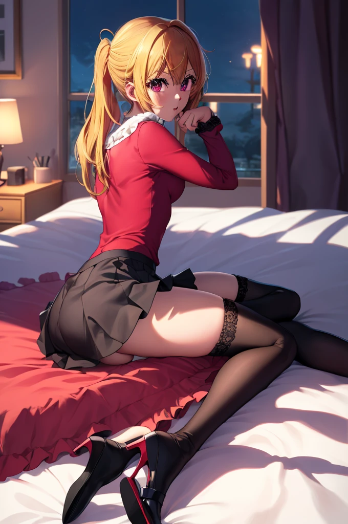 anime, beautiful face, highly detailed face, detailed perfect eyes, perfect hair, perfect lips, accurate arms, accurate hands, perfect legs accurate footware. highly detailed background, front lighting, perfect lighting, full body, 1girl, solo, ruby hoshino, ruby, oshi no ko, heels, blonde hair, thighhighs, stockings, absurdres, high res, ultrasharp, 8K, masterpiece, looking at viewer, (sexy pose:1.5), (full body:1.5), teasing face, idol outfit, idol, revealing idol, skirt, cleavage, stockings, sitting on the bed, sitting away from viewer, looking back over shoulder, view from behind, sfw