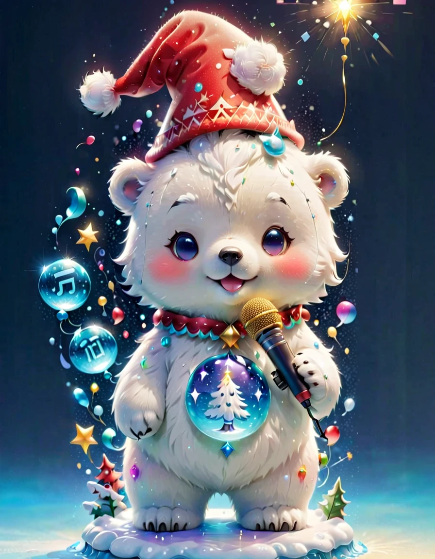 ((1 glowing magical cute Christmas polar bear，Wearing a Christmas hat，围巾，Lunette de soleil))，((Singing with a microphone)), ((Syllable symbols floating in the air))，christmas ornaments, glittery, Floating particles，yuki，blue-sky, 8K, Irridescent color, kawaii, cute big breasts, number art, high qulity, The is very detailed, 3Drenderingof，Bright colorinimalist style，Disney  style，translucent