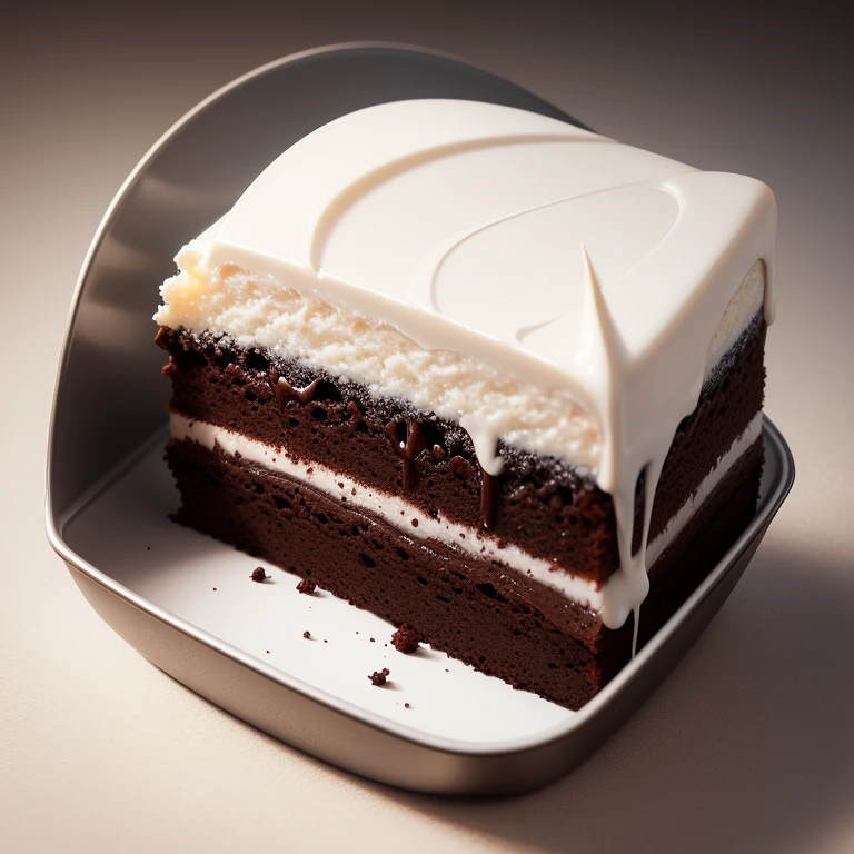 high end photography, digital painting, ultra clean high definition, a piece of chocolate cake in plastic Slide box, white background