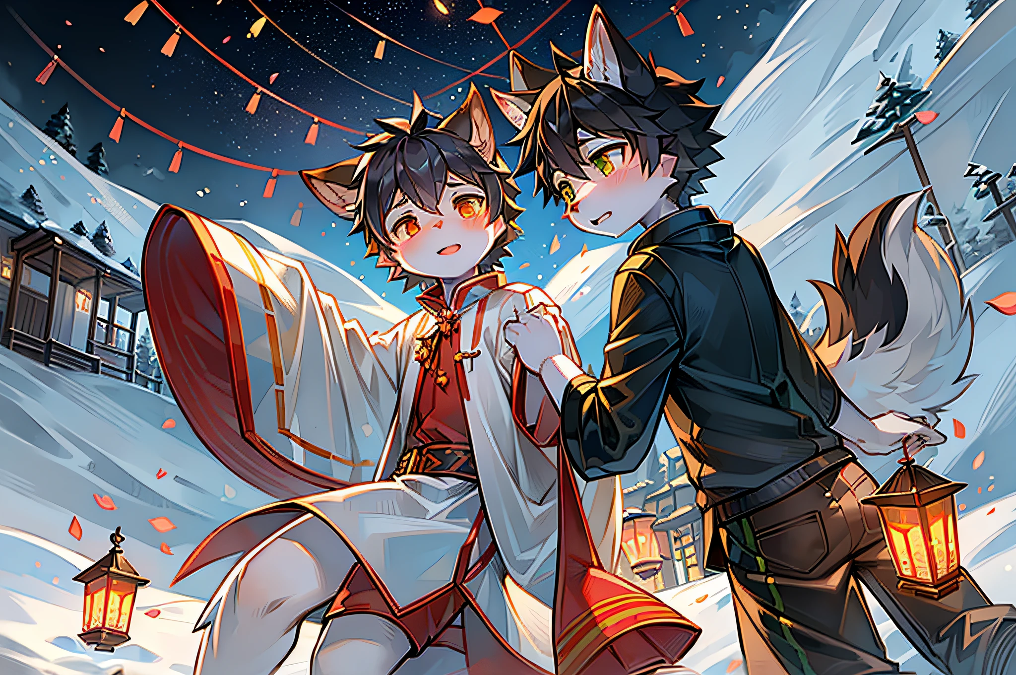 A white deer with green eyes，A wolf with orange eyes and black hair，Set off firecrackers in the snow，Peach blossom tree，falling flower petals，White petals，Ski slopes，Oyuki，nigh sky，shota，firecrackers，spark of light，As estrelas，Two Zhengtai，lanterns，new year