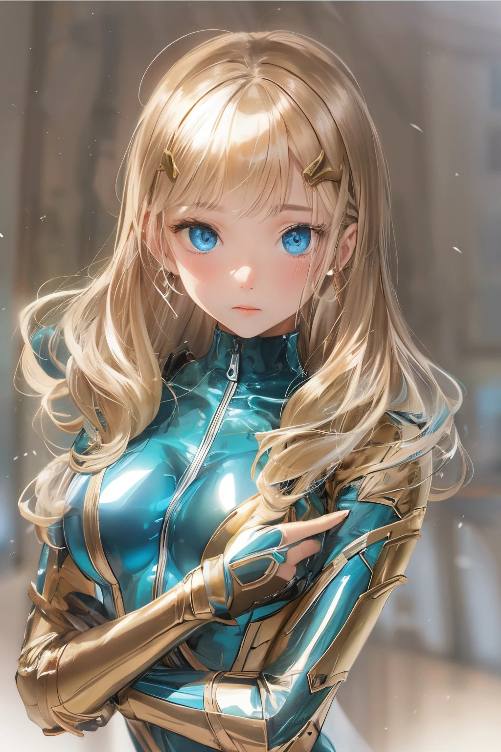 in 8K、glossy latex suit、(((Transparent latex suit)))、(((Transparent latex suit)))、short golden hair with arms behind head、Beautiful woman with blue eyes、Latex suit that shows off your body line beautifully、Upper body only