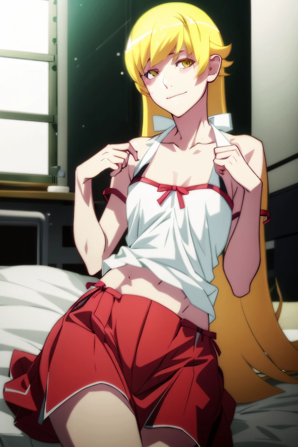 (1 girl ) young , Skinny body type, yellow Long  haircut , shy face expression , pajamas , sitting, lifting his shirt with his hand to show his tits, bedroom, oshino shinobu from monogatari series