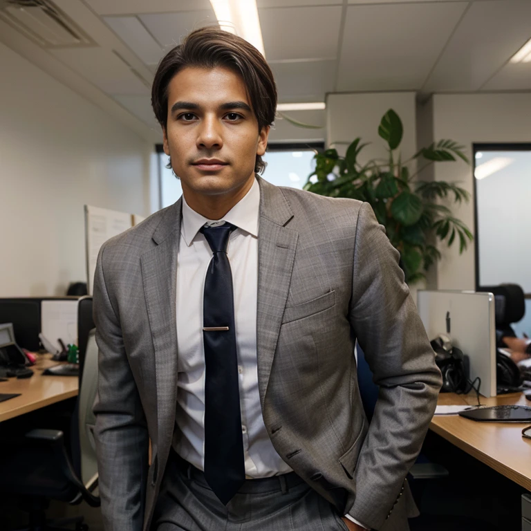 Create cleaner images in office environments of a lawyer dressed formally in a jacket and tie. The lawyer is Brazilian and his skin color is brown and his hair is starting to turn gray. Place people with Brazilian characteristics
