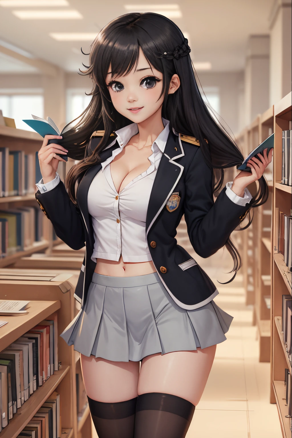 Yukino yukinoshita, long hair, cleavage, navel, slim legs, black hair, blue eyes,  short skirt, thigh high socks, , happy, school uniform, library, standing