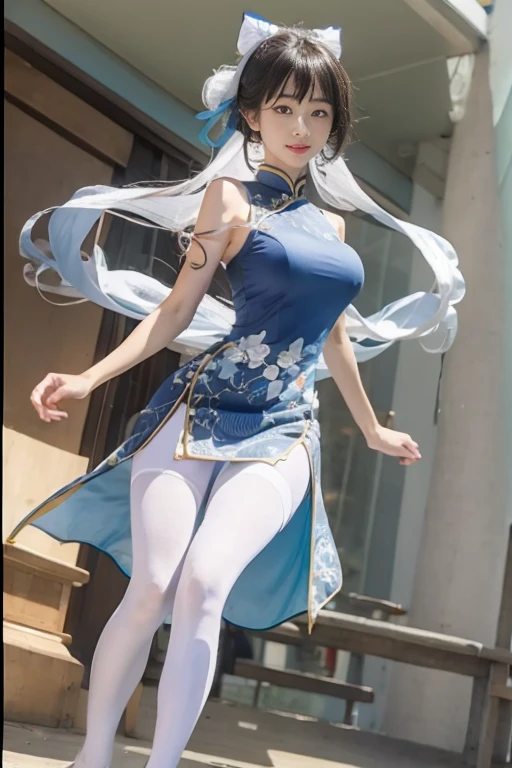 Blue cheongsam，Ball head，White ass pantyhose，White stockings，Thick white pantyhose，Thick white dancing socks，without wearing shoes，huge tit，Cocked buttocks，Super detail，hyper HD,A high resolution,1080p,Anatomically correct，ccurate，Physical coordination，Photo portrait，slender thigh，Delicatemakeup，Best quality, Masterpiece, 超A high resolution, RAW photo, Beautiful and aesthetic,deepshadow, (Photorealistic:1.4), full-body composition, Striking perspective.Naked