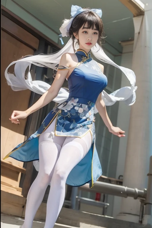 Blue cheongsam,Ball head,White ass pantyhose,White stockings,Thick white pantyhose,Thick white dancing socks,without wearing shoes,huge tit,Cocked buttocks,Super detail,hyper HD,A high resolution,1080p,Anatomically correct,ccurate,Physical coordination,Photo portrait,slender thigh,Delicatemakeup,Best quality, Masterpiece, 超A high resolution, RAW photo, Beautiful and aesthetic,deepshadow, (Photorealistic:1.4), full-body composition, Striking perspective.Naked