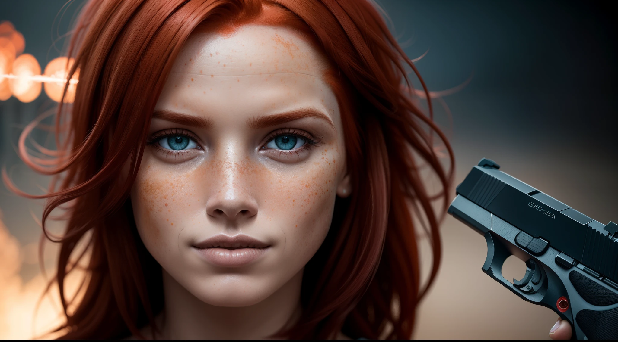 rosto extremamente detalhado, obra-prima, realista, melhor qualidade, fotorrealista, 8k, alta res, by lee jeffries nikon d850 film stock photography 4 kodak camera portra 400 lens f1.6 colors rich hyper realistic texture dramatic lighting irrealengine trending on artstation cinestill 800, woman, (((red hair))), (((pistol firing))), freckles on face