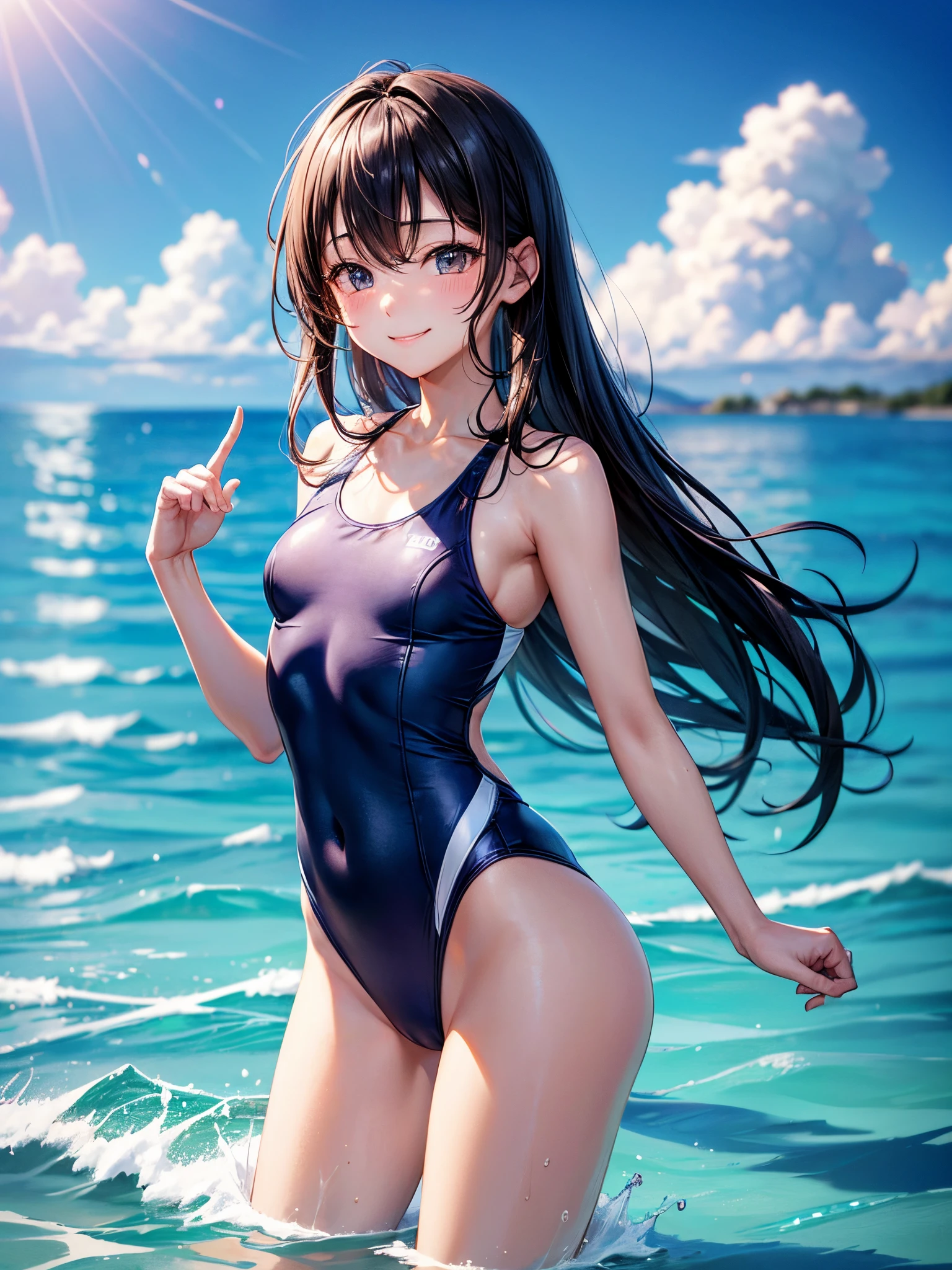 ((4ｋ、8ｋ、top-quality、Perfect Finger：1.3、Perfect Anatomy：1.3、Blur the background))、(( old、Small breasts、Cute droopy eyes、stright long hair、A slender))、（Competitive swimsuit）、Angle where the whole body is depicted、、sandy beach with blue sky、glad、happiness、a smile、