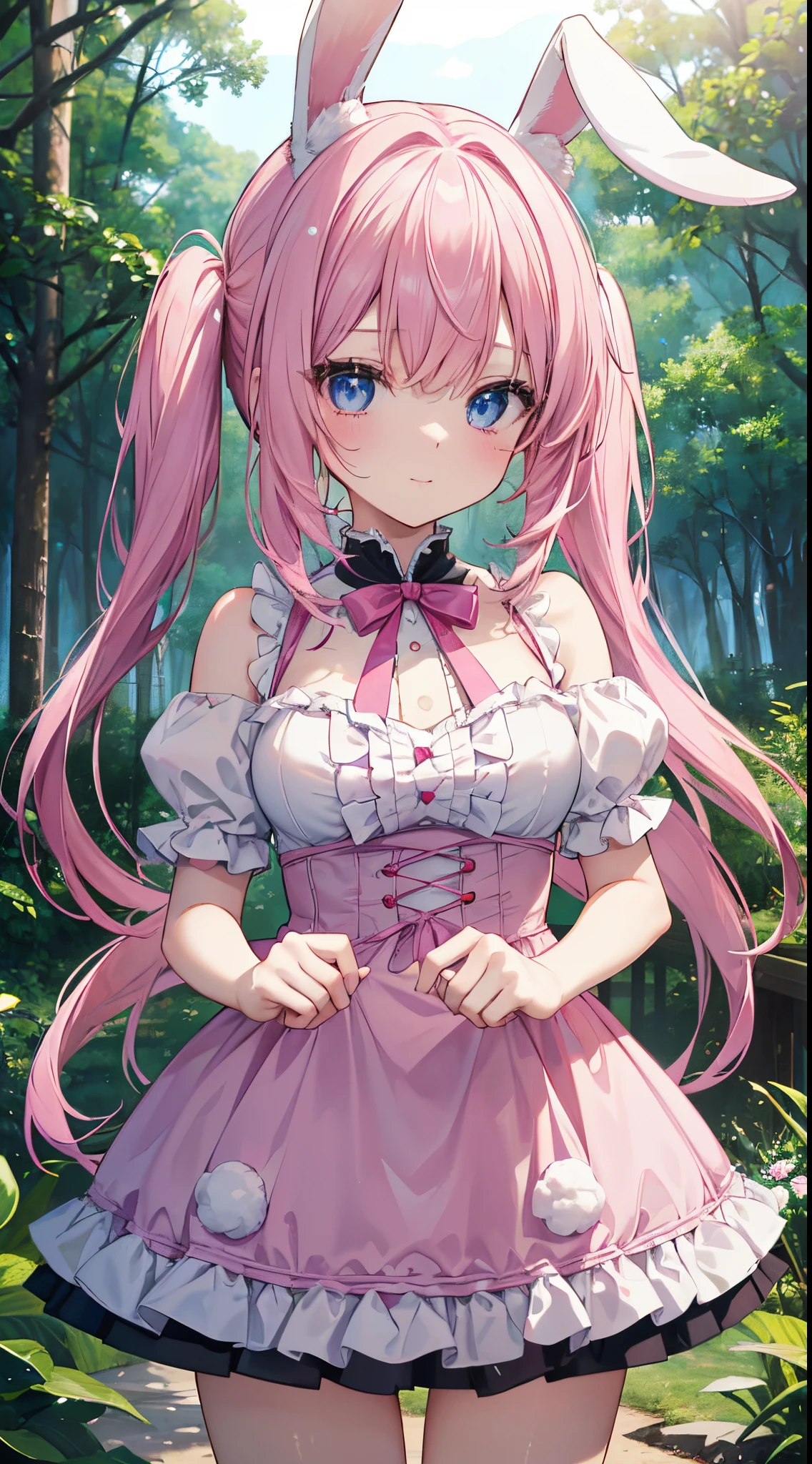 (8K、Top image quality、top-quality、masterpiece)、A detailed face、1 loli、Pink hair、((Twin-tailed))、((Rabbit ears))、light blue eyes、A slight smil、large full breasts、pink lolita fashion、a miniskirt、cowboy shot、forested background
