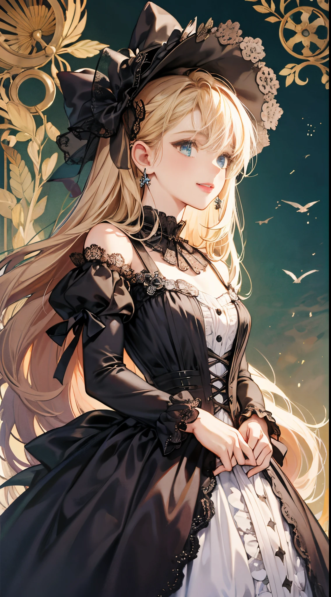 woman wearing dress and boots , baroque dress, in detailed steampunk dress, an elegant gothic princess, victorian gothic lolita fashion, Historical Baroque Dress Dark, black gothic lolita dress, fantasy style clothing, rococo dress, black rococo, classical witch, fantasy outfit, wearing a gothic dress, romantic dress, gothic dress,a blond,15yo student,(((Upper body portrait)))A smile,odd eye