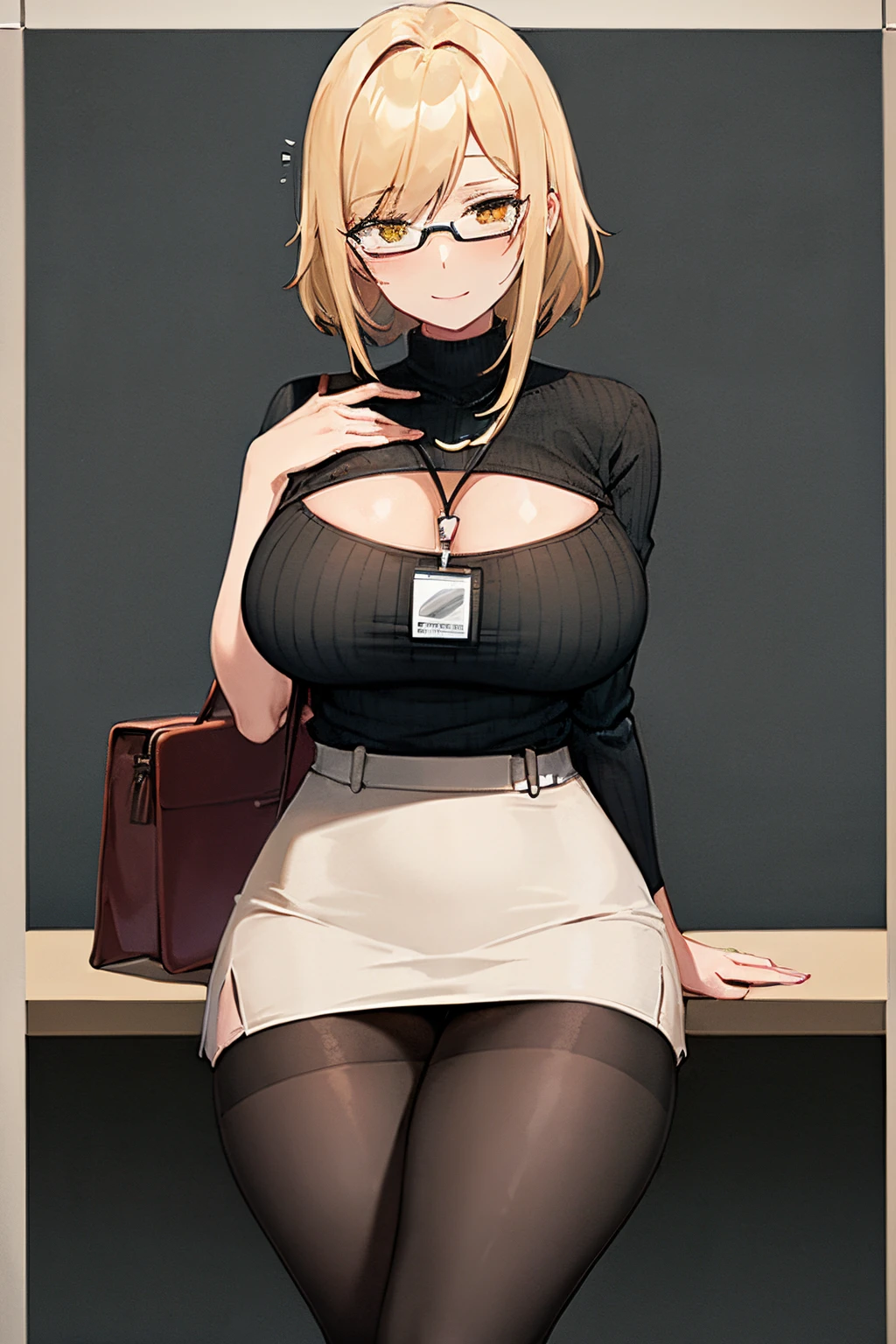 1girl, mature woman, office lady, secretary, black open chest sweater, cream colored pencil skirt, thigh strap, square framed glasses, id card hanging from lanyard around neck, lanyard between breasts, shoulder length yellow-blonde hair, parted bangs, light red-brown eyes, smile, holding pen, gigantic breasts, wide hips, thick thighs, office background, leaning against desk, 8k, masterpiece