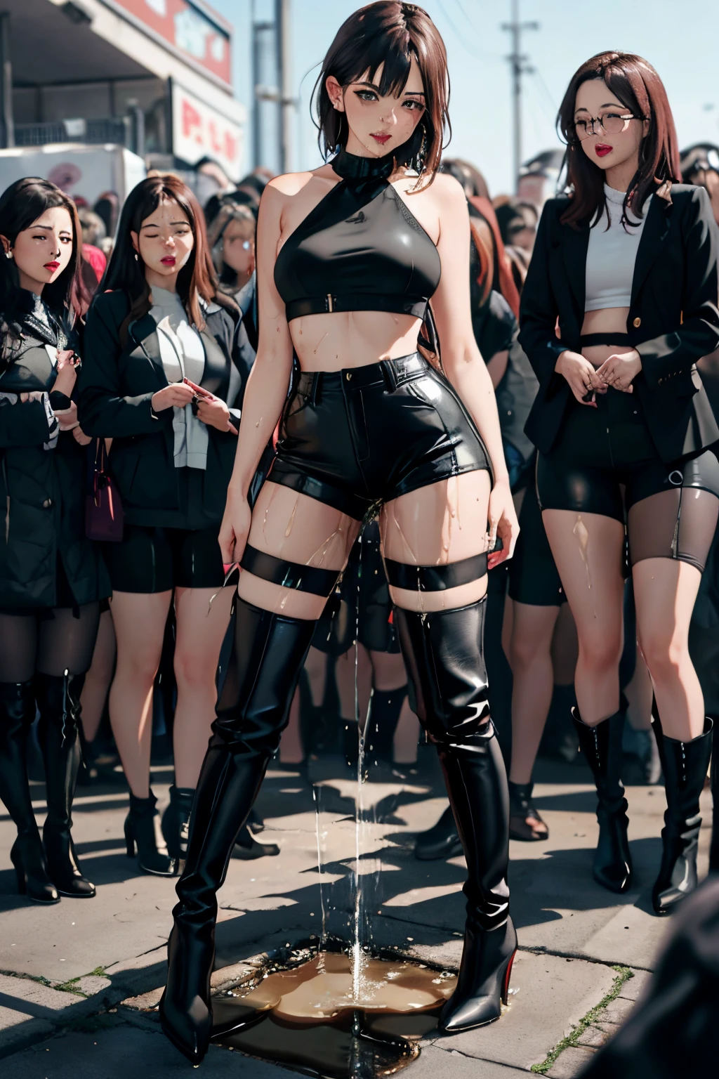 highres, beautiful women, high detail, good lighting, lewd, hentai, (((bike shorts))), (leather halter top), (bare midriff), (((wearing stockings))), (((leather thigh high heel boots))), (wet shorts), (((wetting herself))), (peeing herself), peeing stain, (puddle), (thick thighs), nice long legs, lipstick, pretty face, sexually aroused, (full body shot), ((in public with crowd of women wetting themselves))