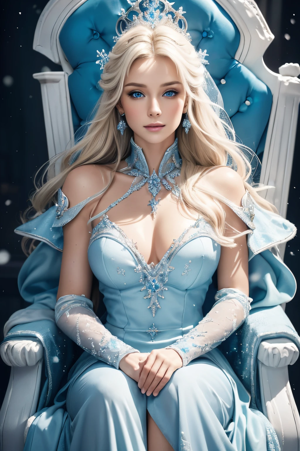 (best quality,4k,highres,masterpiece:1.2),ultra-detailed,realistic ,portrait,colorful,studio lighting,ice plate armor,blonde hair,blue eyes,beautiful detailed face,sparkling ice castle,icy landscape,glistening snow,queenly pose,winter magic, elegant dress, throne room, majestic atmosphere, magical powers, snowflake patterns, mystical aura, regal and graceful, enchanting beauty, frosty breath, icy blue color palette, halo of light