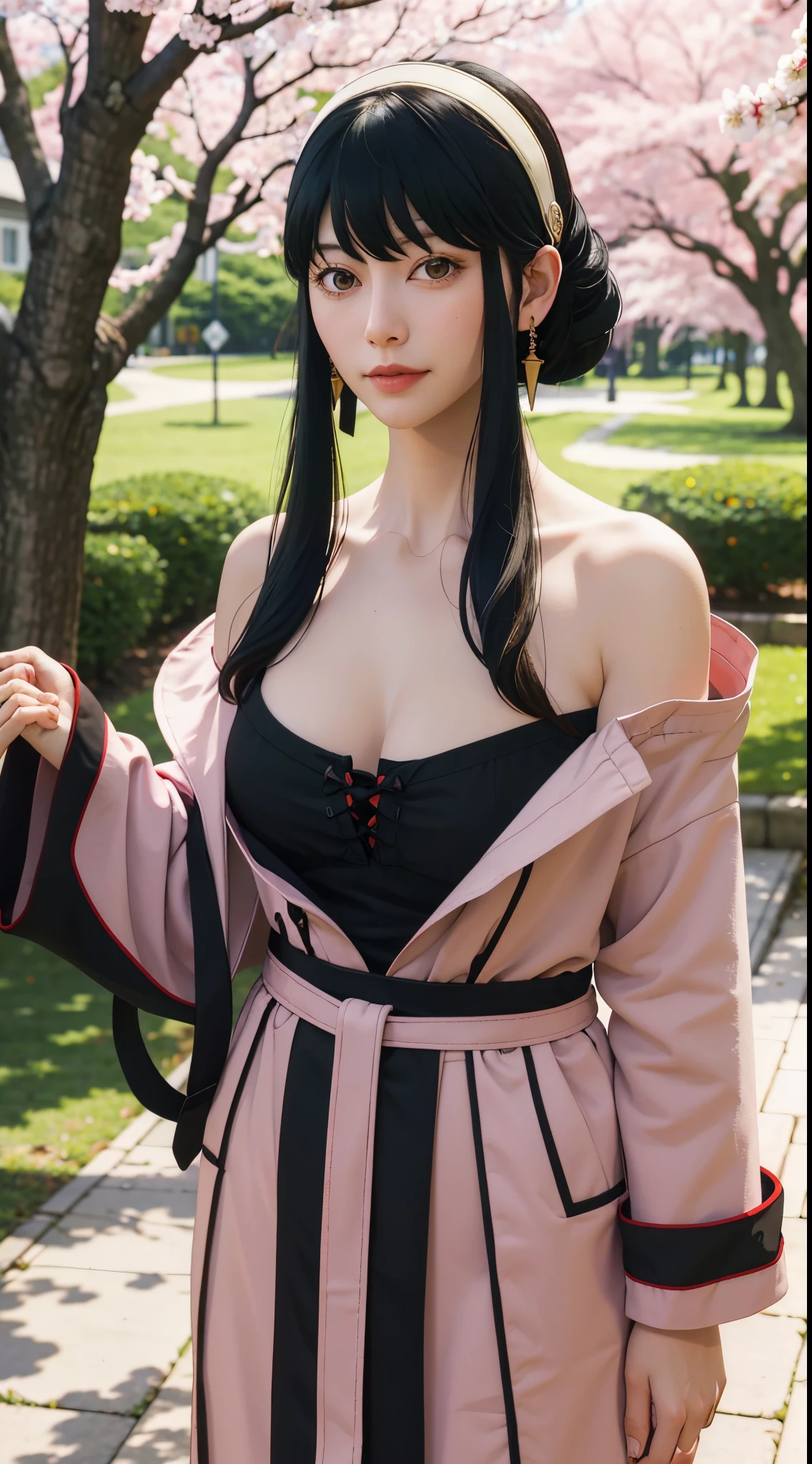 yor, Mature female, bangs, side locks, Red eyes, Black hair, hair adornments,sportrait, (face:1.2), girls, ssmile,bare shoulders, Black hair, cherry blossom, cleavage, (Robe:1.21), 鎖骨, Willow Branch, (masterpiece best quality :1.2),