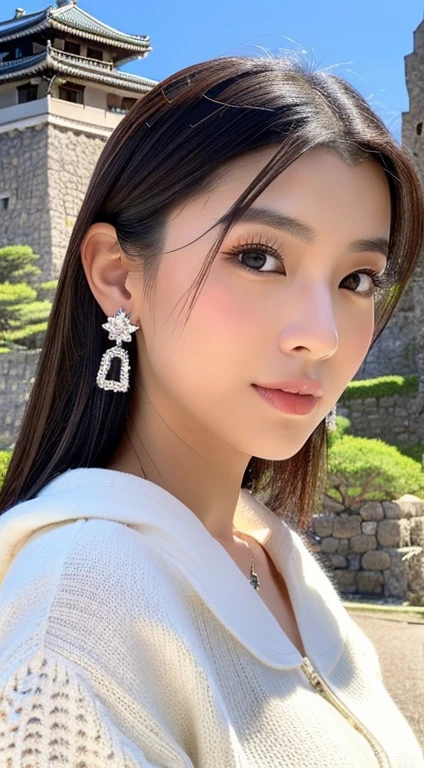 A hyper-realistic and ultra-detailed portrayal of a young Asian woman named Rin. She is depicted walking gracefully in front of the historic Fukuoka Castle ruins in Fukuoka City, Fukuoka Prefecture. Rin has a radiant and youthful appearance with flawless white skin, and her long, brown hair is adorned with a dazzling, diamond-filled hair ornament. She is dressed in a super-realistic and incredibly detailed white sweater paired with blue jeans, enhancing her elegant beauty. Her appearance is further accentuated by gorgeous, ultra-detailed jewelry including diamond-studded earrings. The background features the majestic Fukuoka Castle ruins, captured in high resolution, showcasing a blend of historical significance and natural beauty.