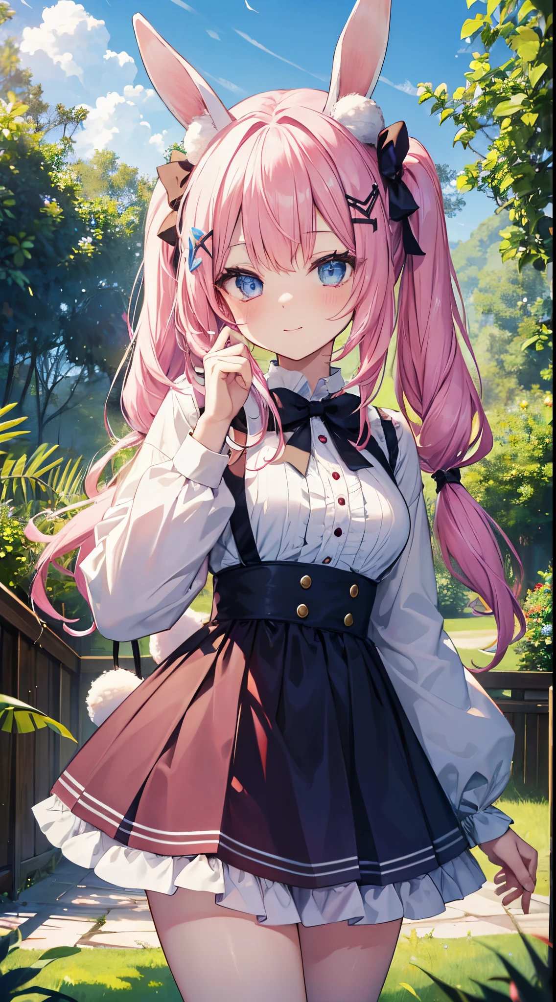 (8K、Top image quality、top-quality、​masterpiece)、A detailed face、1 loli、Pink hair、((Twin-tailed))、((Rabbit ears))、light blue  eyes、A slight smil、large full breasts、pink lolita fashion、a miniskirt、cowboy  shot、forested background