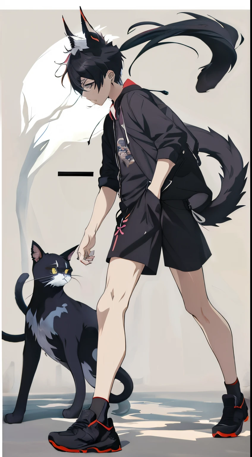 Anime character walking down the street with cat, boy with cat ears and tail, anime cat, , emo boy with cat ears and tail, Anime full body illustration,, style anime, , style of anime, Male anime style, style of anime