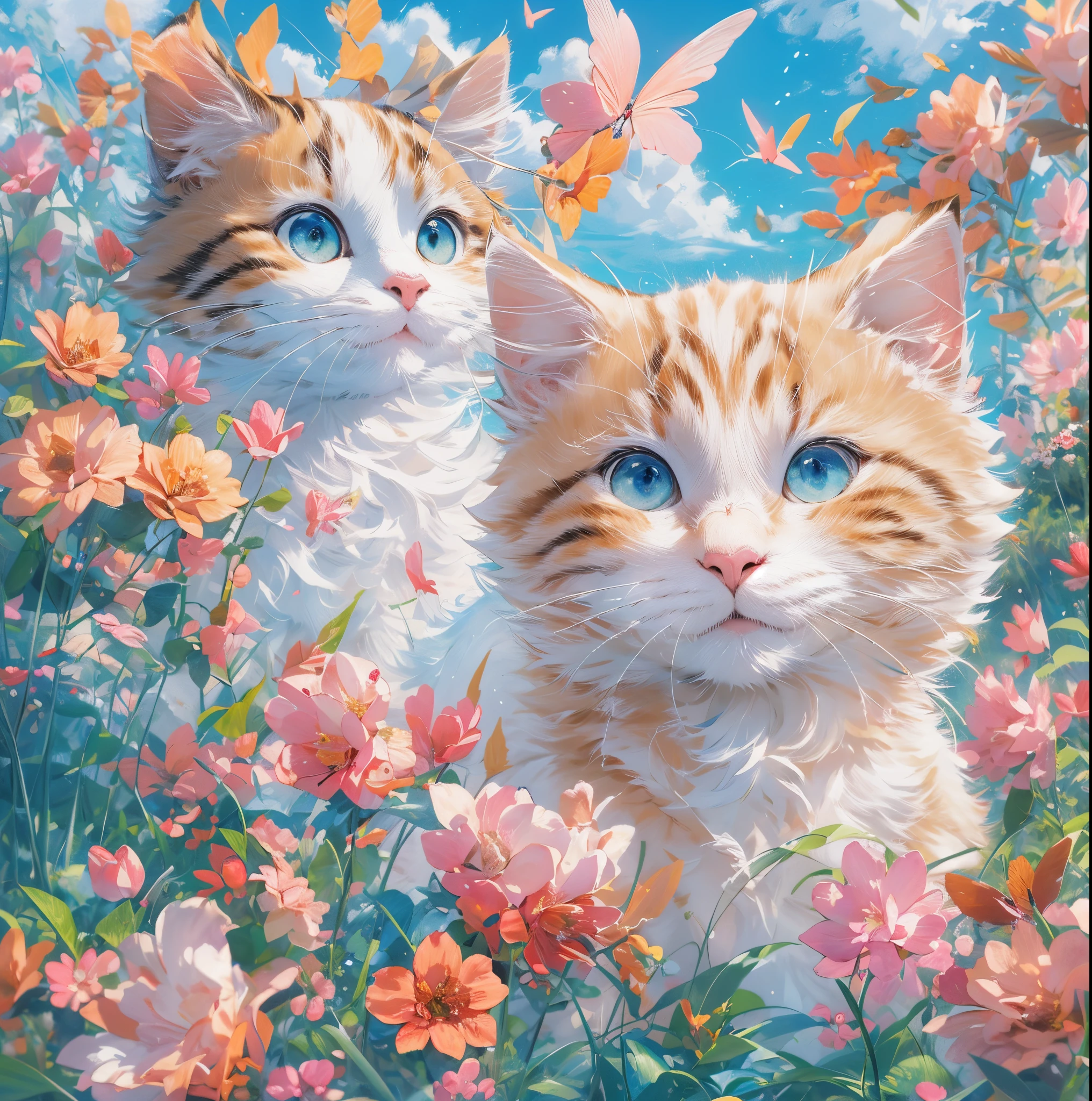 absurderes, ultra-detailliert,bright colour,(8K:1.5),masuter piece,Hearts fly,Bright scenery、For that, blue open sky,(Deep Blue Eyes:1.4) Valley、Pink skin、Summer morning、(Cat's Paradise),