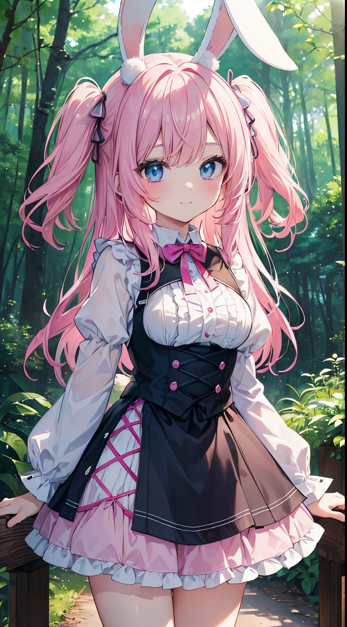 (8K、Top image quality、top-quality、masterpiece)、A detailed face、1 loli、Pink hair、((Two-side-up))、((Rabbit ears))、light blue eyes、A slight smil、large full breasts、pink lolita fashion、a miniskirt、cowboy shot、((forested background))