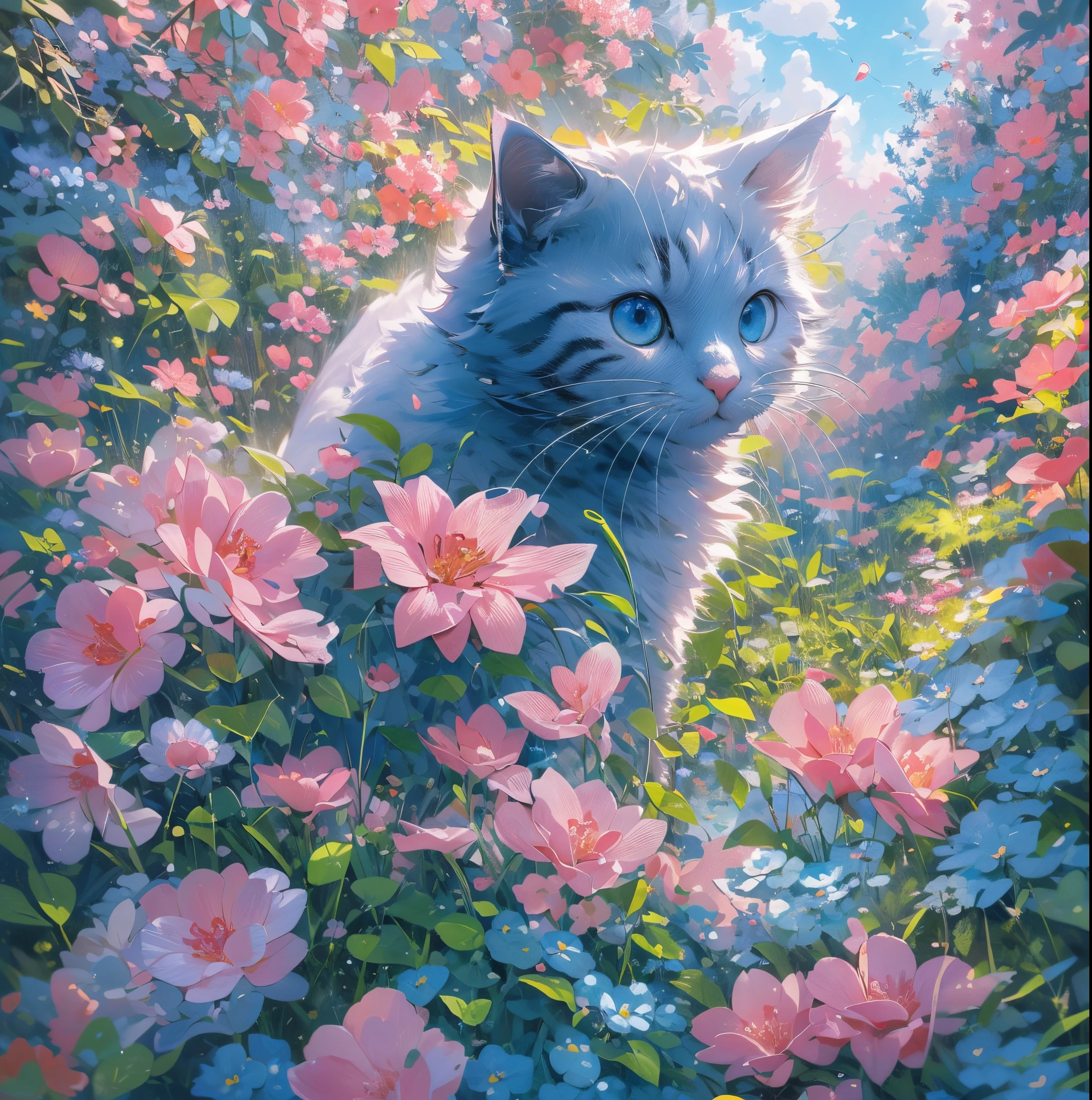 absurderes, ultra-detailliert,bright colour,(8K:1.5),masuter piece,Hearts fly,Bright scenery、For that, blue open sky,(Deep Blue Eyes:1.4) Valley、Pink skin、Summer morning、(Cat's Paradise),