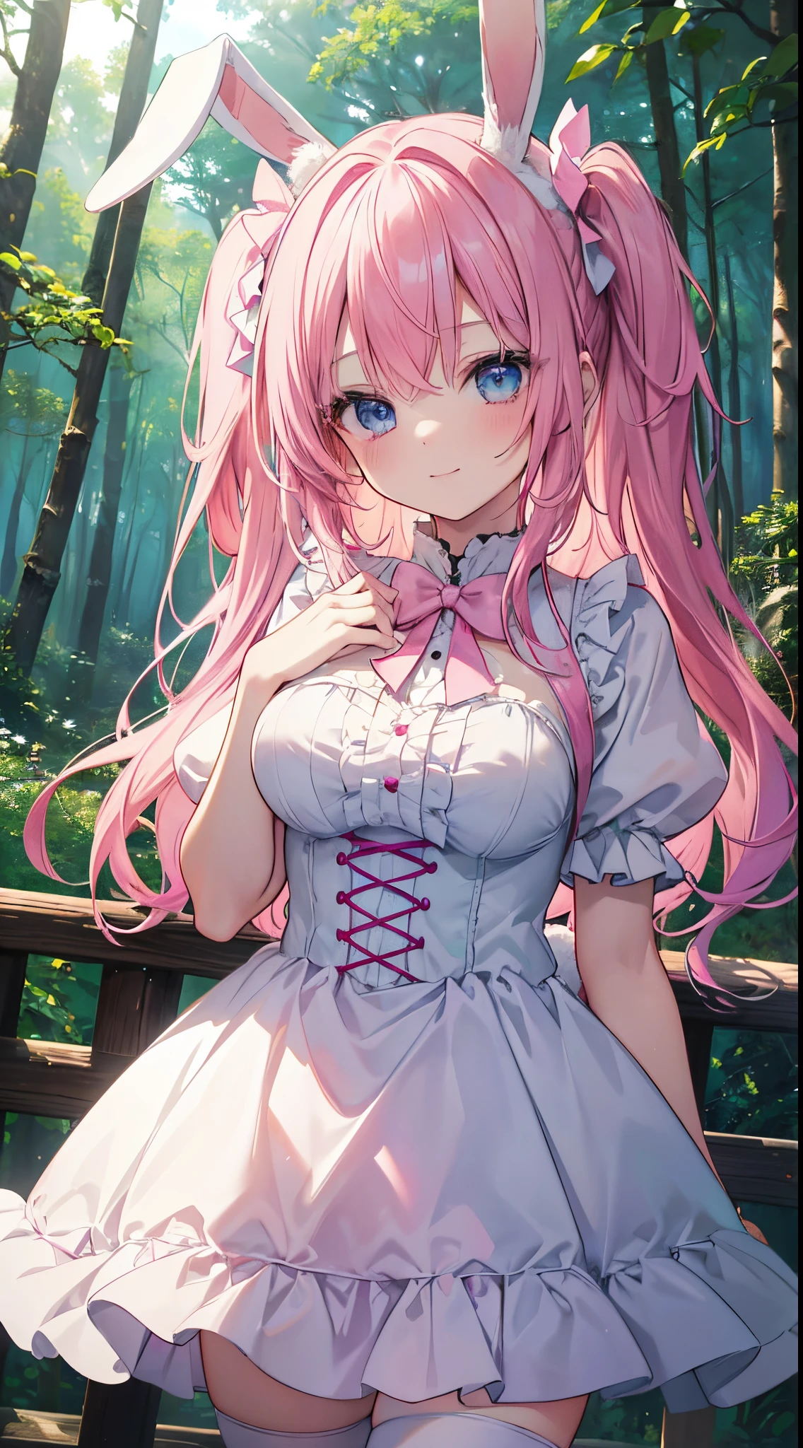 (8K、Top image quality、top-quality、​masterpiece)、A detailed face、1 loli、Pink hair、((Two-side-up))、((Rabbit ears))、light blue  eyes、A slight smil、large full breasts、pink lolita fashion、a miniskirt、cowboy  shot、((forested background))