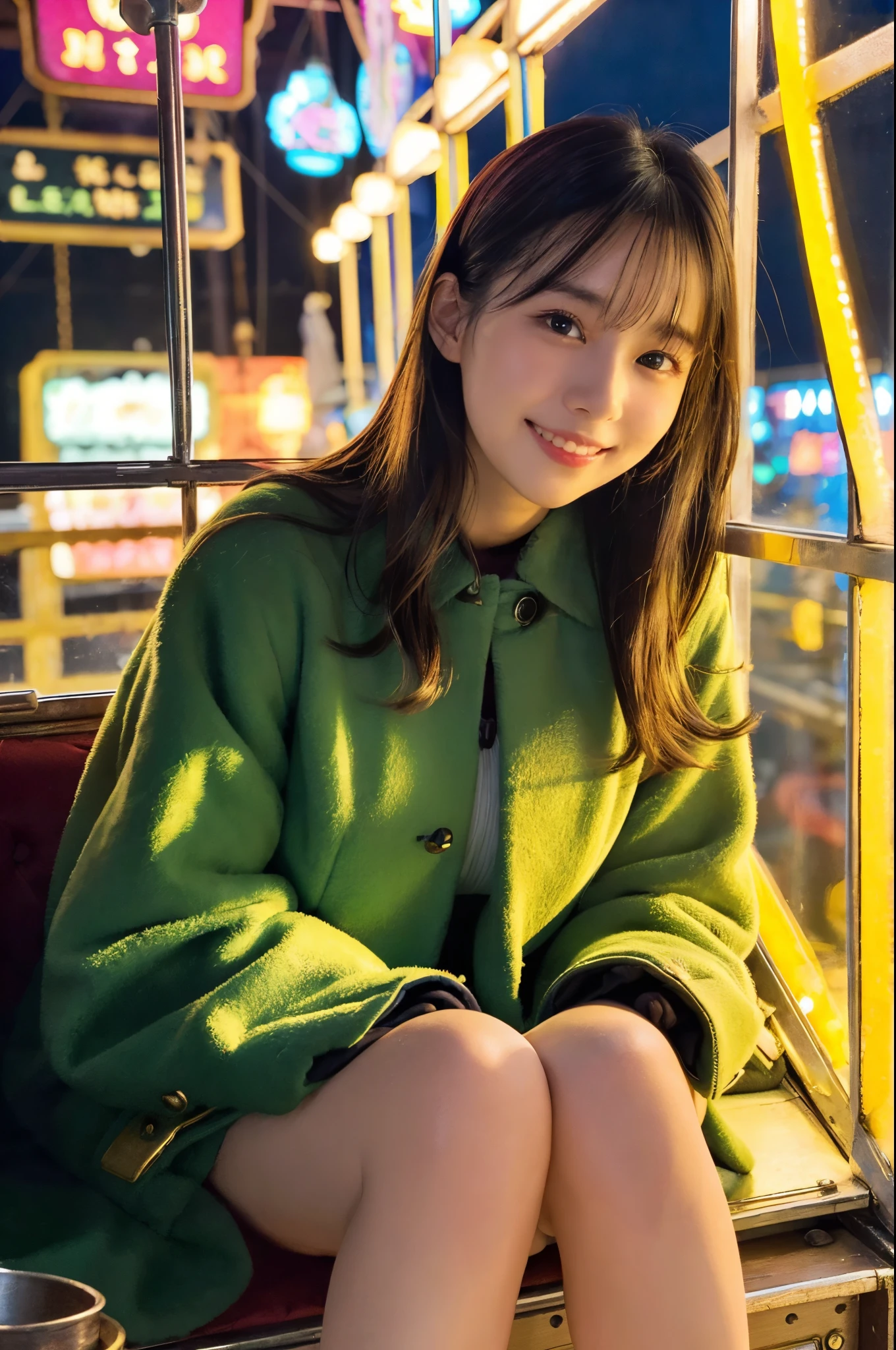 ulzzang -6500-v1.1, (Raw photo:1.2), (Photorealsitic), a beautiful detailed girl, (Real: 1.4), extremely detailed eye and face, beatiful detailed eyes, ((sitting inside the ferris wheel at night:1.3)), ((Thick coat:1.3))、selfee、Instagram、game_nffsw, huge filesize, hight resolution, ighly detailed, top-quality, [​masterpiece:1.6], illustratio, ighly detailed, nffsw, finely detail, top-quality, 8k wallpaper, Cinematographic lighting, 1girl in, 17 age, perfect body type, cute droopy eyes beautiful big eyes、Pieckfinger, ((masutepiece)), Best Quality, 1girl in, eye shadow,  Portrait, ((FULL BODYSHOT:1.4))、(Very affectionate smile:1.2)、realistic skin textures、shinny skin、Exposed thighs!!!