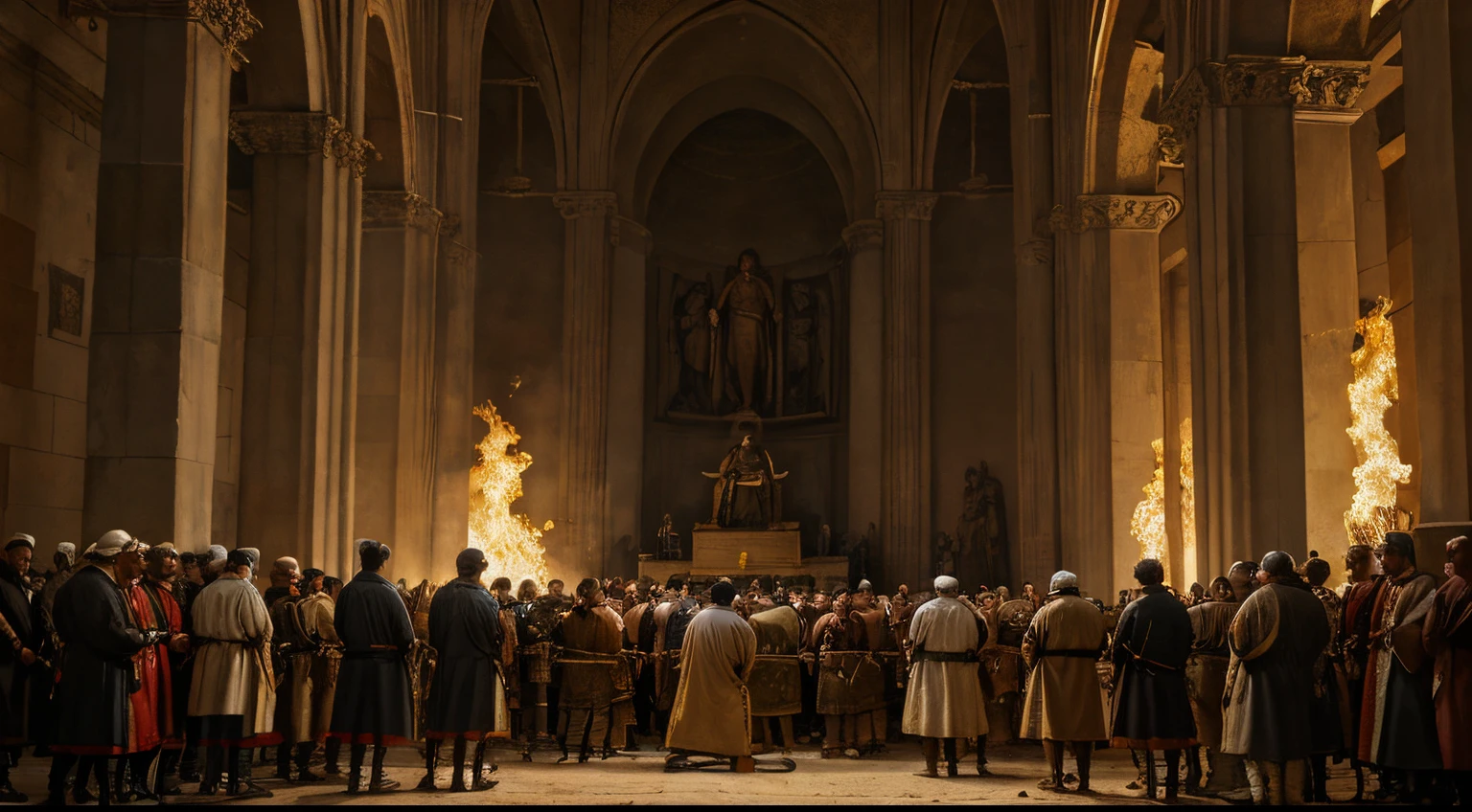 a painting of a group of men standing around a fire, painting of goliath, historical artistic depiction, by Carl Eytel, biblical painting, traditional art, colchians painting, by János Saxon-Szász, by Gilberto Soren Zaragoza, epic biblical depiction, artist unknown, by Eugenio de Arriba