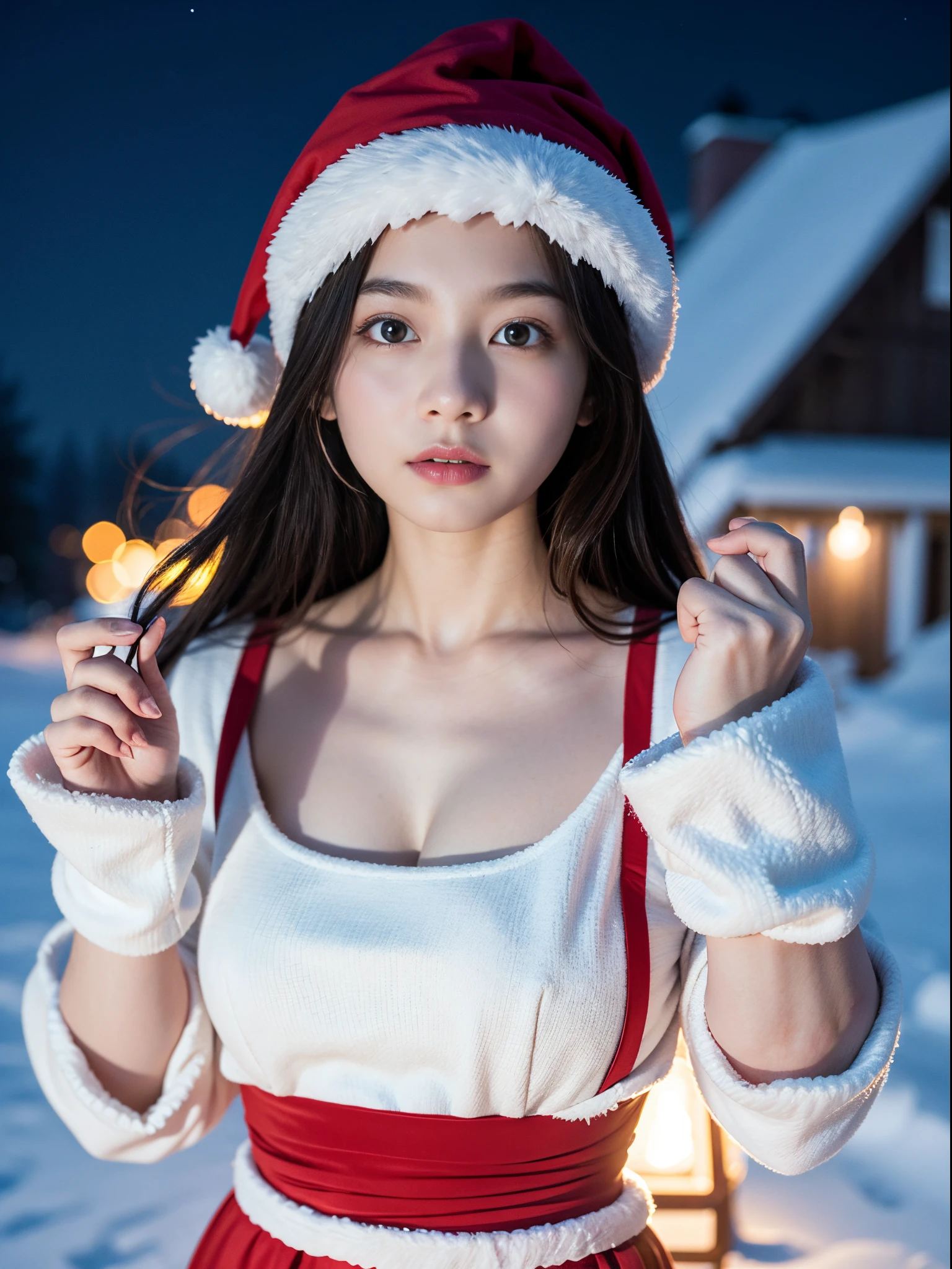 8K、Top image quality、masterpiece、An 18-year-old woman、santa 、snowy night、reindeer、Cinematic lighting
