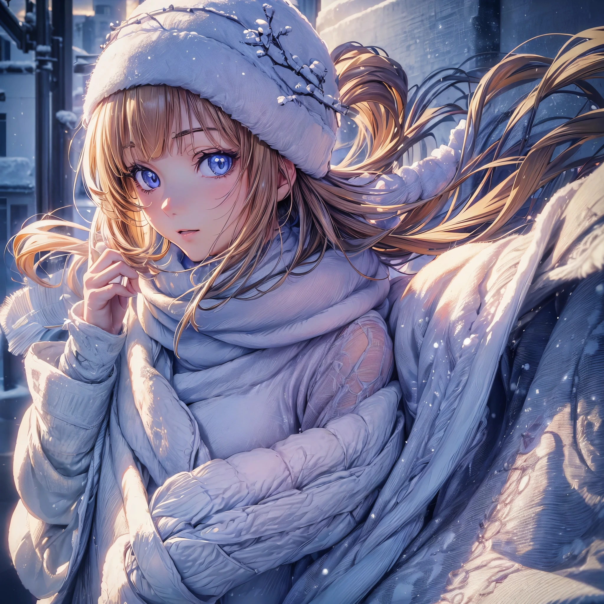 ((Anime, One Woman, Detailed Eyes, Detailed Face, Detailed Body), ((Best Quality, Highly Detailed 8K Background, Best Shadow), Highly Detailed, (Detailed Beautiful Eyes), ((Winter Clothes, Daylight, Winter)))) (cowboy shot), anime, city, best quality and high details, 4K