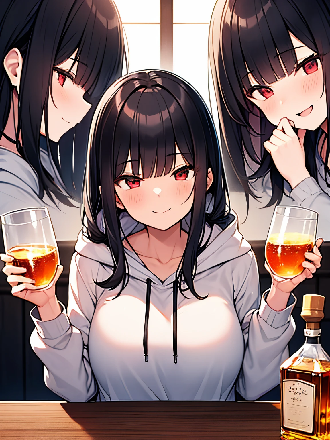 a 25yo woman、Black hair twintails、Red Eyes、kindly smile、large full breasts、Drink alcohol、Drunk、whiskey、Tsundere、White hoodie、Warm room、high-level image quality、hightquality、Detailed details