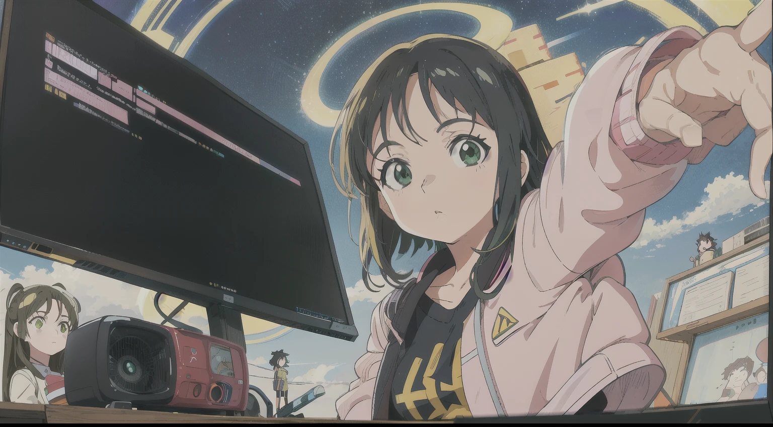 garota anime com cabelo ruivo e jaqueta verde olhando para um monitor, FLCL, Anime de hoje ainda em destaque, anime de TV, Anime Garota do Futuro, sci fi anime, Anime 2D