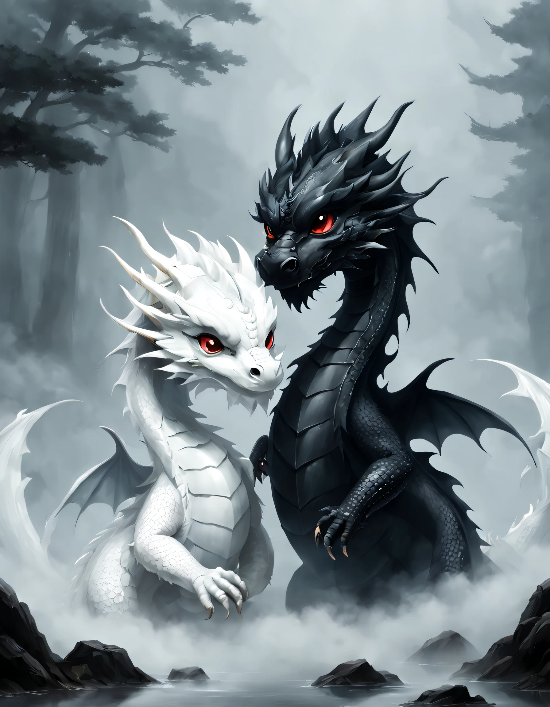 Cute little white dragon and little black dragon in the thick fog，chinesedragon