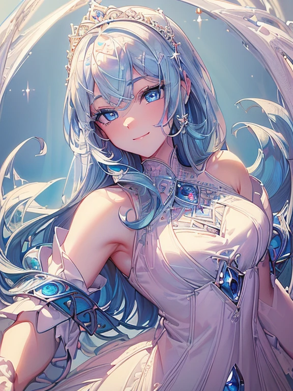 masterpiece, best quality, high resolution, closeup portrait, a female, lavender hair, white magician, White magician clothes, amazing composition, front view, HDR, ultra quality, elegant, highly detailed, mature woman, beautiful lady, smile