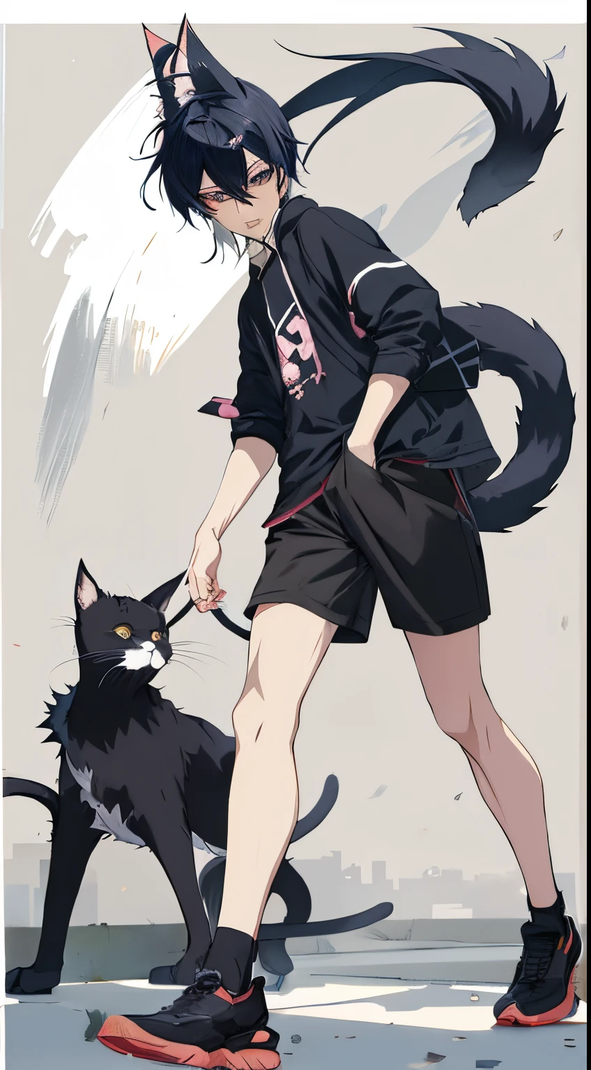 Anime character walking down the street with cat, boy with cat ears and tail, anime cat, , emo boy with cat ears and tail, Anime full body illustration,, style anime, , style of anime, Male anime style, style of anime