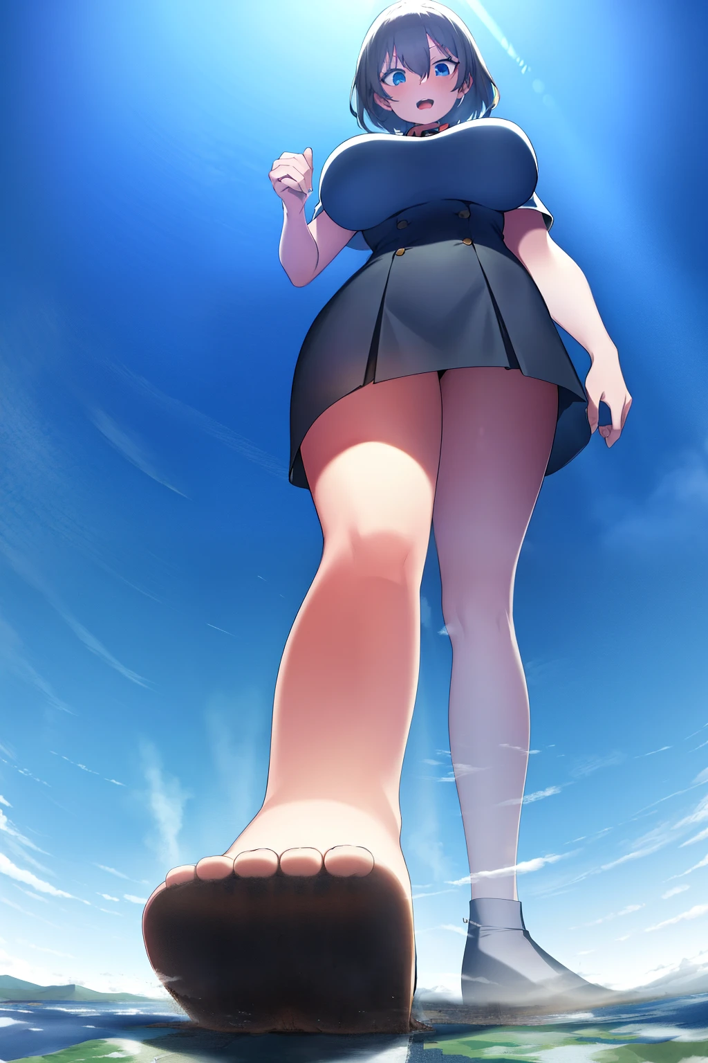 an anime female character standing on a mountain top next to a city, 1girl, solo, giantess, black skirt, open mouth, sky, giant, cloud, day, full body, blue sky, city, breasts