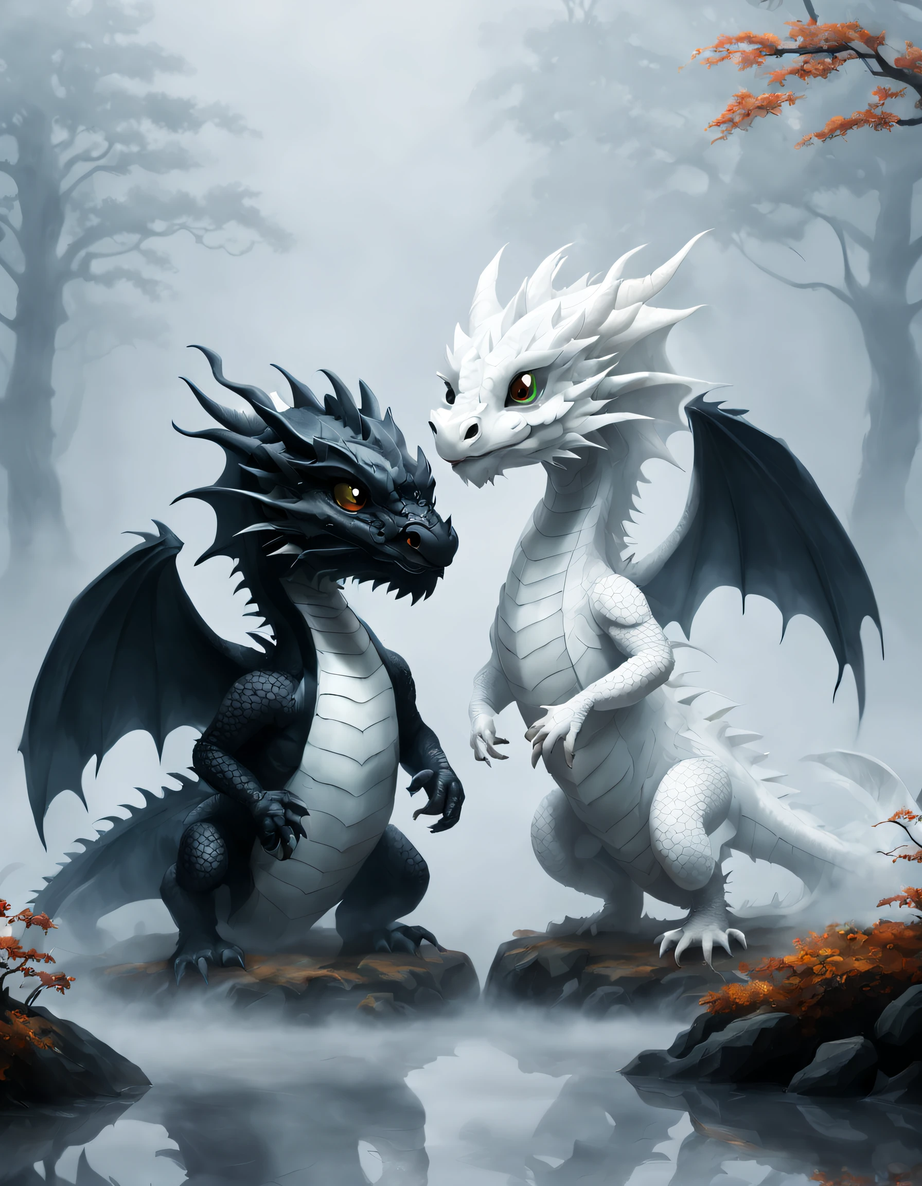 Cute little white dragon and little black dragon in the thick fog