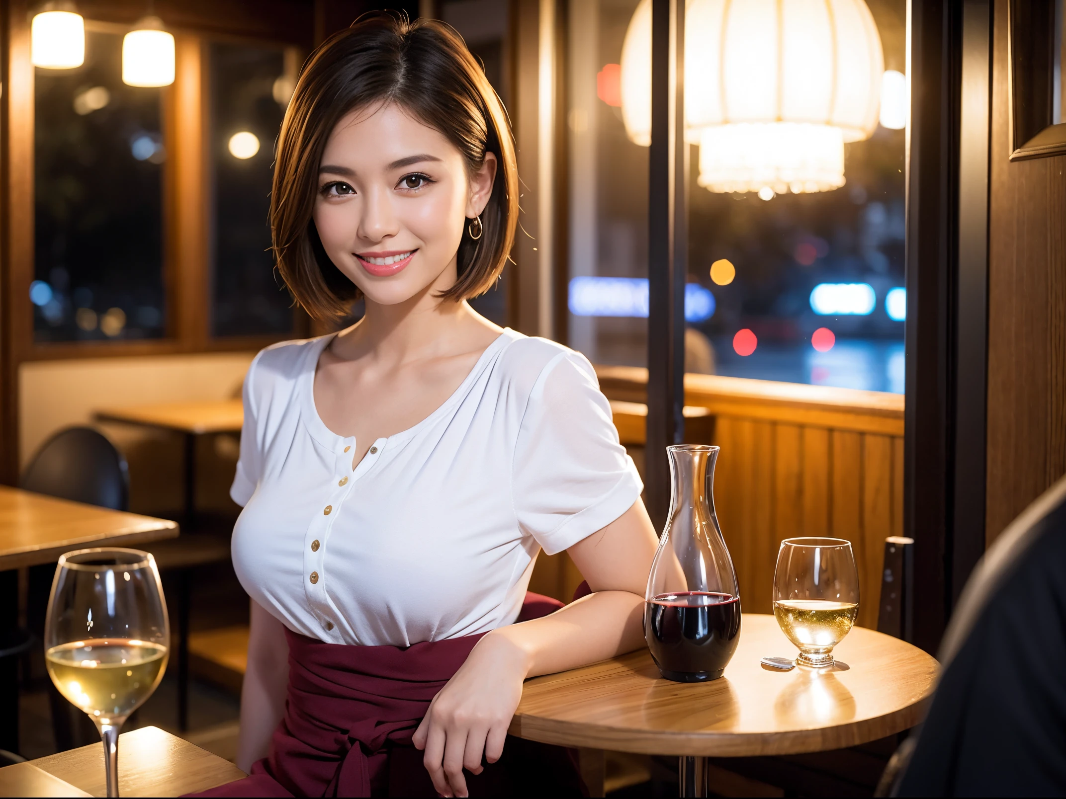 (64k uhd, nffsw, of the highest quality, masutepiece: 1.2), (Realistic, Photorealistic: 1.37), Pretty Woman 1, (Slim Face), (Slim body), (Brown hair), (short-cut), cheeks blush a little, (40 years old), 38 years, Solo, A beautiful and detailed night view spreads out outside the window..., restaurant, Sitting in a wine glass, At night, In a prominent place (from waist up) NovaFrogStyle, actress, Model, waist-up, white wine, slim, wine glasses, Super clean night view, Wine glass placed in the middle, Happy smile, (Smile: 1.15), Beautiful fine eyes, Upper body, Bust Japan Up, Night, Short, Short, actress, Model, waist-up, white wine, slim, wine glasses, Super clean night view, Wine glass placed in the middle, Happy smile,