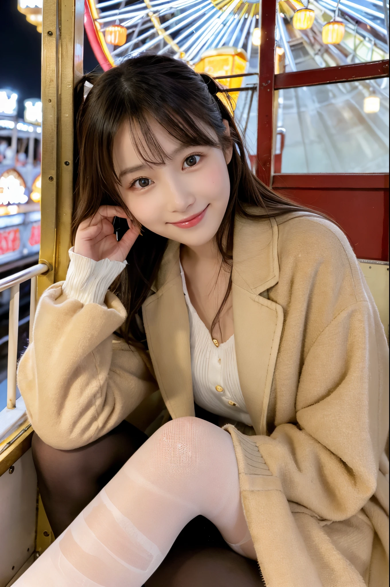 ulzzang -6500-v1.1, (Raw photo:1.2), (Photorealsitic), a beautiful detailed girl, (Real: 1.4), extremely detailed eye and face, beatiful detailed eyes, ((sitting inside the ferris wheel at night:1.3)), ((Thick coat:1.3, Ultra-realistic pantyhose:1.2))、selfee、Instagram、game_nffsw, huge filesize, hight resolution, ighly detailed, top-quality, [​masterpiece:1.6], illustratio, ighly detailed, nffsw, finely detail, top-quality, 8k wallpaper, Cinematographic lighting, 1girl in, 17 age, perfect body type, cute droopy eyes beautiful big eyes、Pieckfinger, ((masutepiece)), Best Quality, 1girl in, eye shadow,  Portrait, ((FULL BODYSHOT:1.4))、(Very affectionate smile:1.2)、realistic skin textures、shinny skin、Exposed thighs!!!