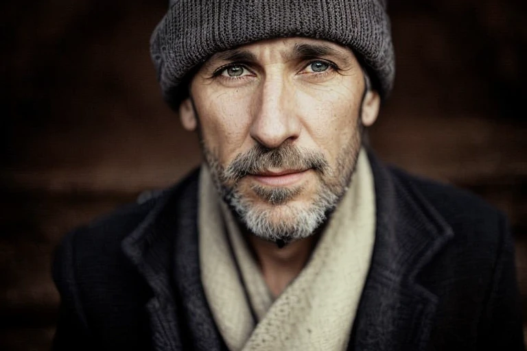 Franco-German man wearing hat and scarf looking at camera, a close up portrait photo, 50 mm portrait, Portrait photos, rugged man portrait, 60 mm portrait, Beautiful portrait of a desperate man, 70mm portrait, 50mm lens for portraits, author：Stefan Girovsky, author：Etienne Dressett, portrait photo of an, Close-up portrait shoot