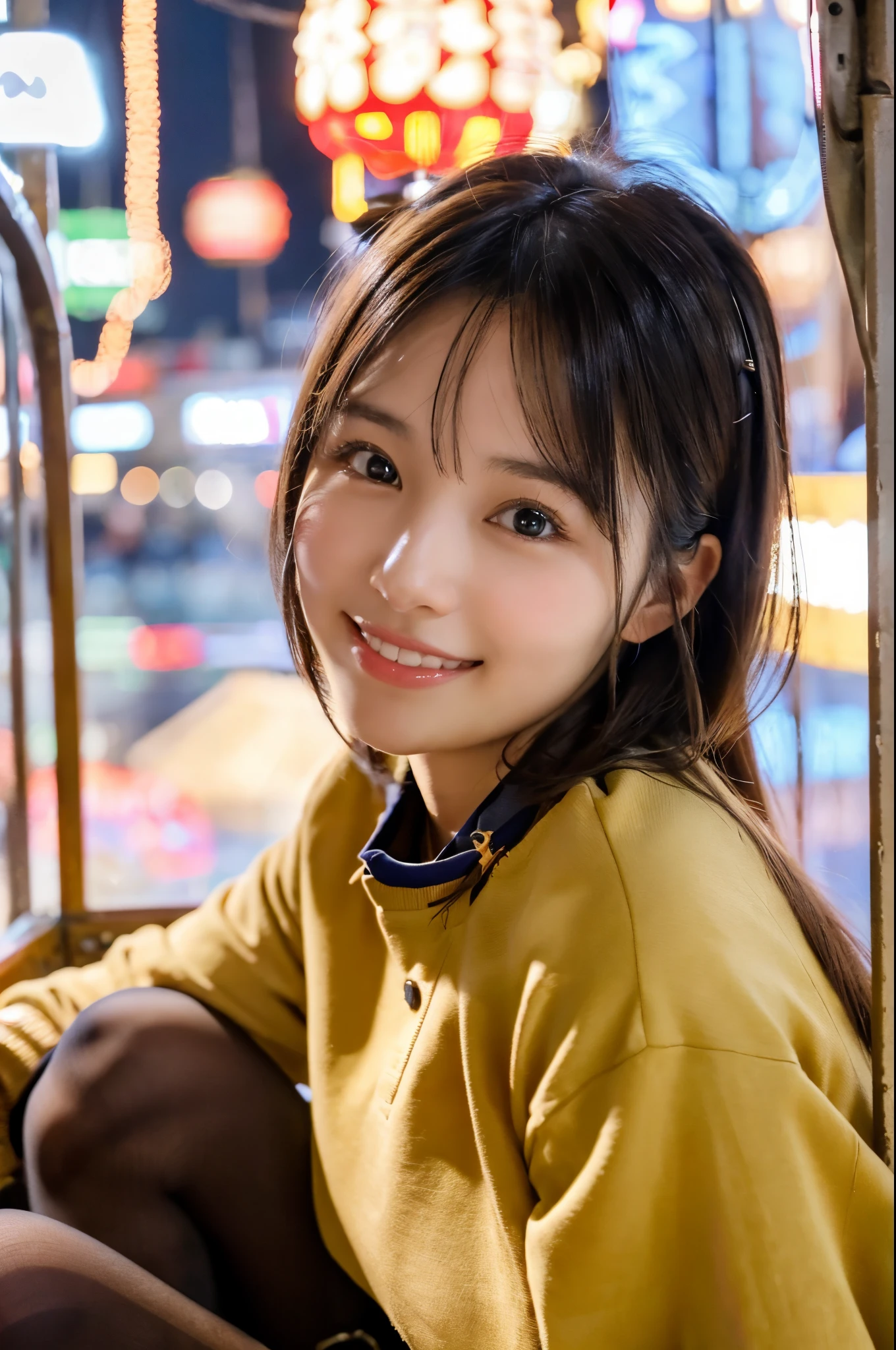 ulzzang -6500-v1.1, (Raw photo:1.2), (Photorealsitic), a beautiful detailed girl, (Real: 1.4), extremely detailed eye and face, beatiful detailed eyes, ((sitting inside the ferris wheel at night:1.3)), ((Thick coat:1.3, Ultra-realistic pantyhose:1.2))、selfee、Instagram、game_nffsw, huge filesize, hight resolution, ighly detailed, top-quality, [​masterpiece:1.6], illustratio, ighly detailed, nffsw, finely detail, top-quality, 8k wallpaper, Cinematographic lighting, 1girl in, 17 age, perfect body type, cute droopy eyes beautiful big eyes、Pieckfinger, ((masutepiece)), Best Quality, 1girl in, eye shadow,  Portrait, ((FULL BODYSHOT:1.4))、(Very affectionate smile:1.2)、realistic skin textures、shinny skin、Exposed thighs!!!