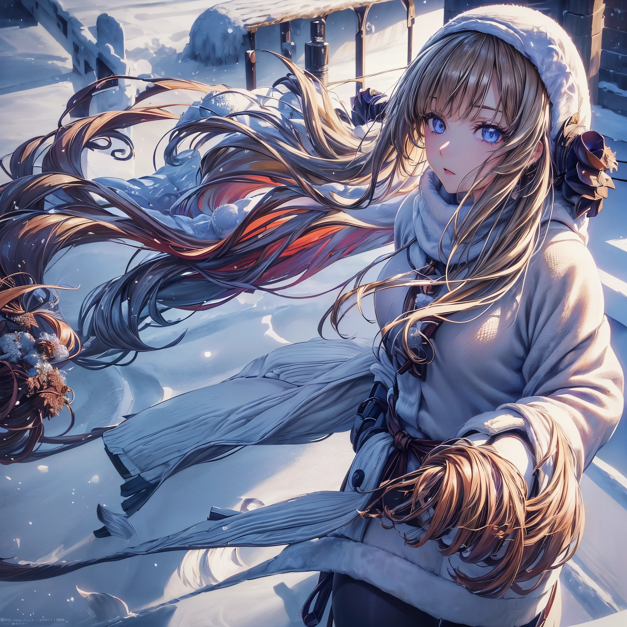 ((Anime, One Woman, Detailed Eyes, Detailed Face, Detailed Body), ((Best Quality, Highly Detailed 8K Background, Best Shadow), Highly Detailed, (Detailed Beautiful Eyes), ((Winter Clothes, Daylight, Winter)))) (cowboy shot), anime, city, best quality and high details, 4K